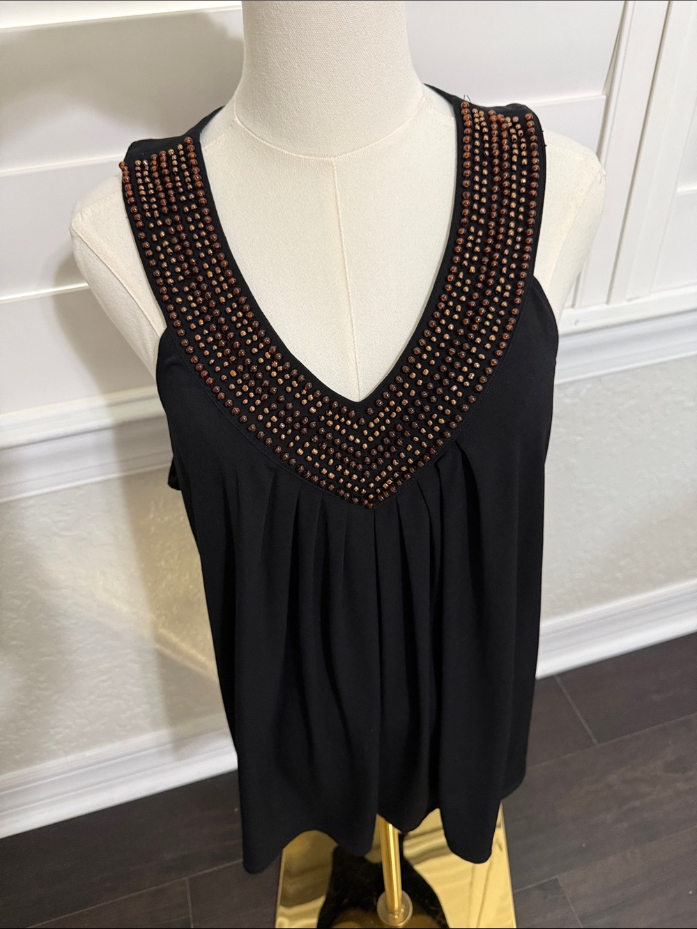 Apostrophe Black Sleeveless V-Neck Top with Bronze Beaded Trim